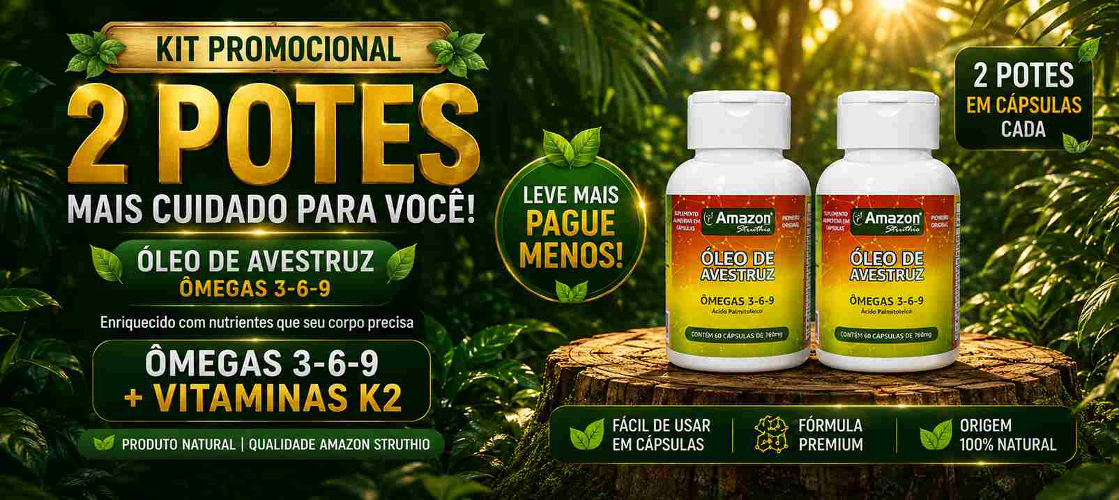 Kit promocional com 2 potes de Óleo de Avestruz em cápsulas