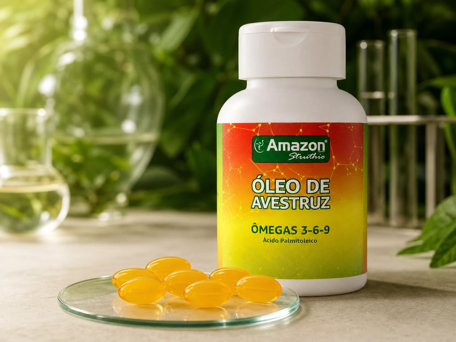 Frasco Amazon Struthio e cápsulas amarelo-alaranjadas sobre placa de vidro em ambiente de natureza e laboratório