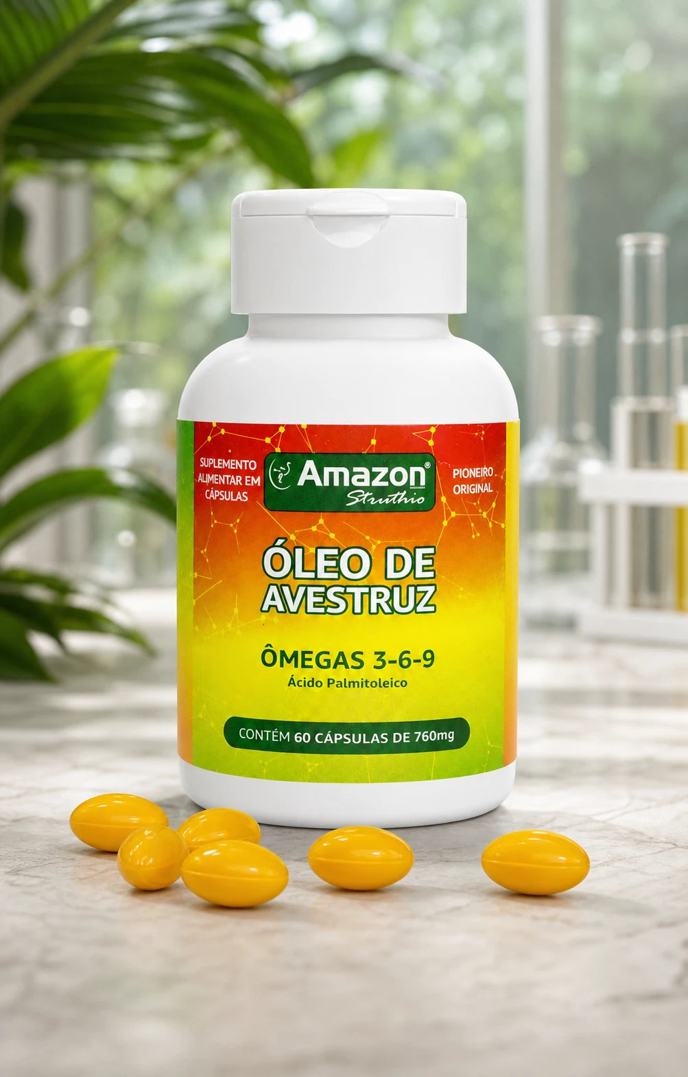 Frasco de Óleo de Avestruz Amazon Struthio com cápsulas amarelo-alaranjadas em ambiente de natureza e laboratório